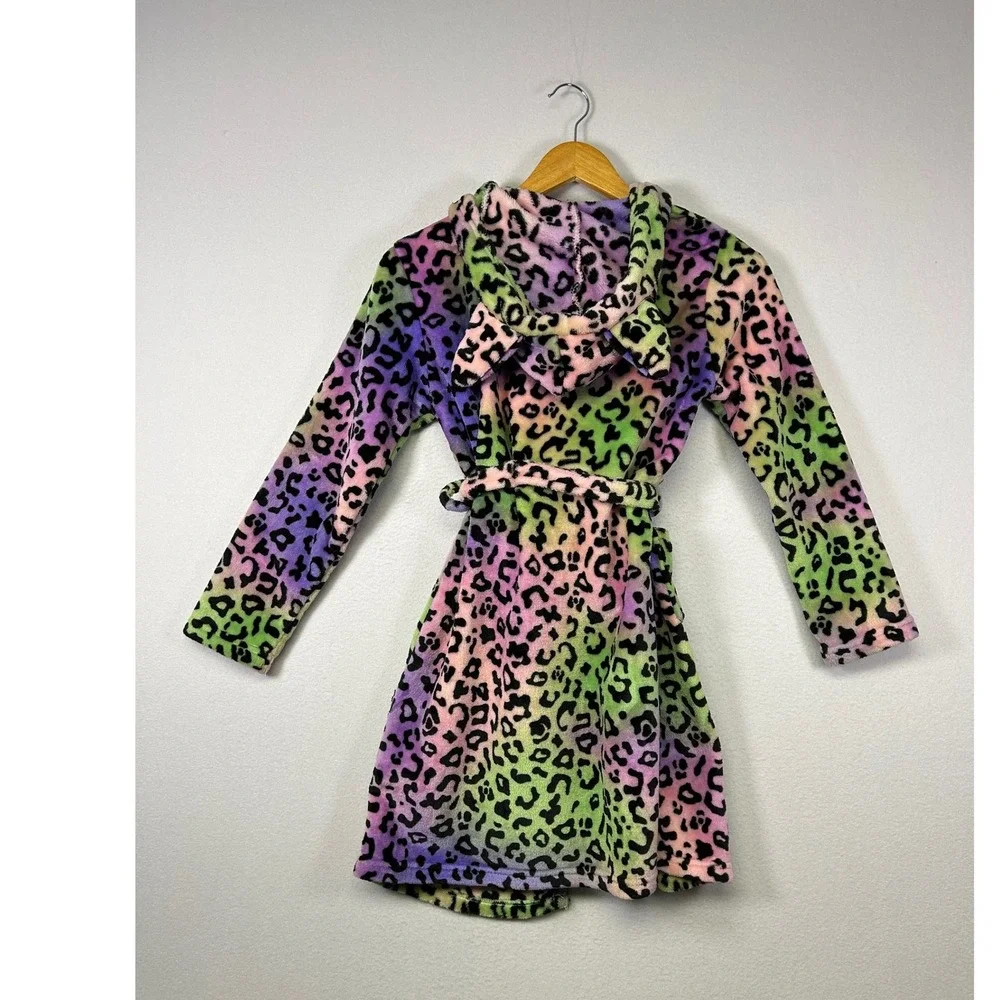 Y2K Neon Topgirl Girls Size 12 Multicolor‎ Leopard Print Hooded Robe Cat Ears